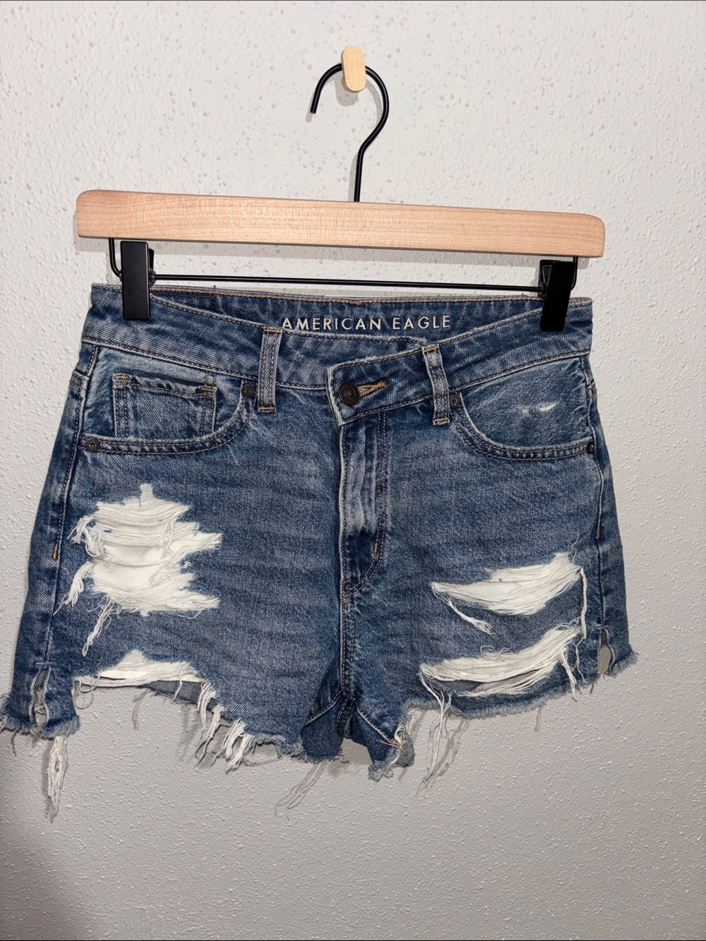 American Eagle Strigid Denim Mom Distressed Shorts (size 0)
